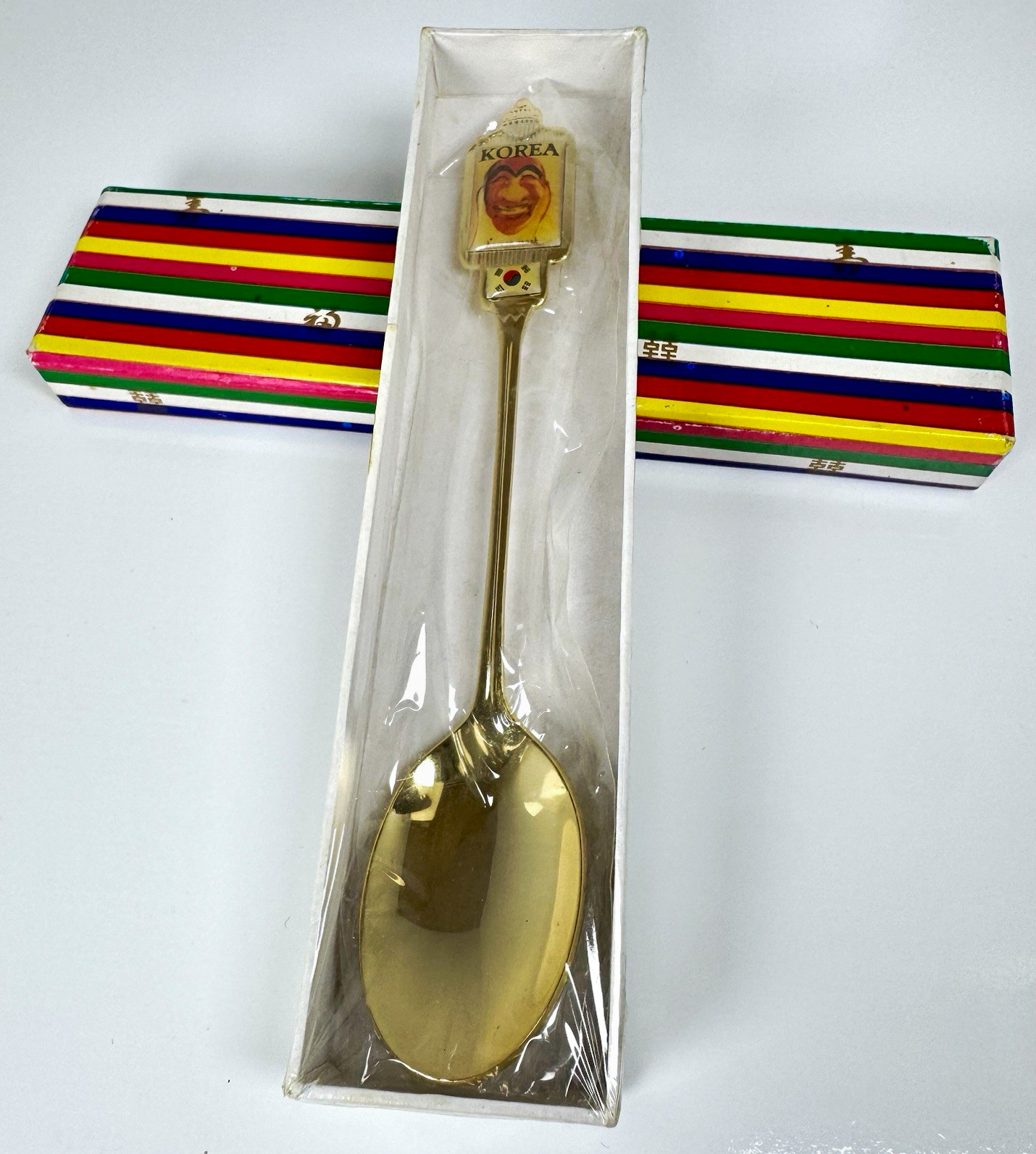 Vintage Korea Souvenir Collectible Spoon Gold Tone Metal in Presentation Box