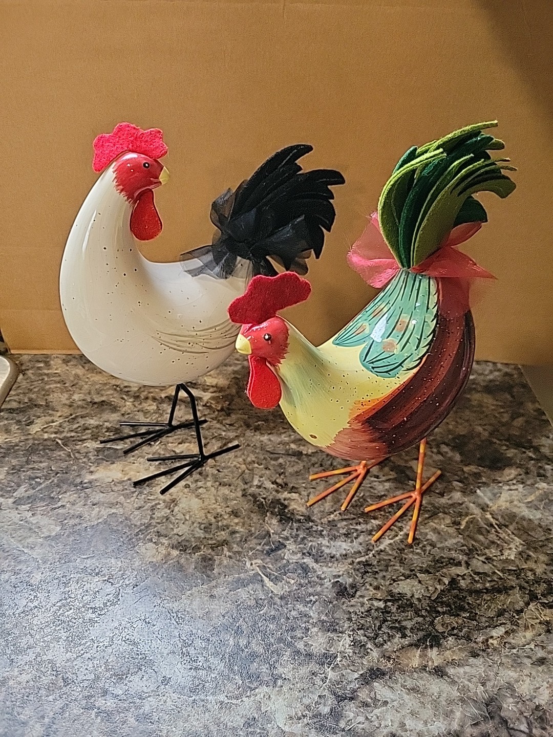 Two Rocking Roosters Porcelain Wire Legs Feet Felt Details Pair Farmhouse Decor Two Rocking Roosters Porcelain Wire Legs Feet Felt Details Pair Farmhouse Decor
