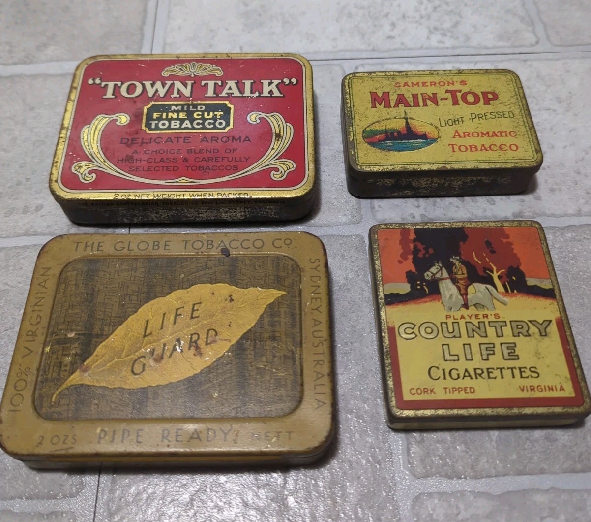 Vintage Tobacco Tin Lot Of 4 Country Life Town Talk Life Guard Main Top