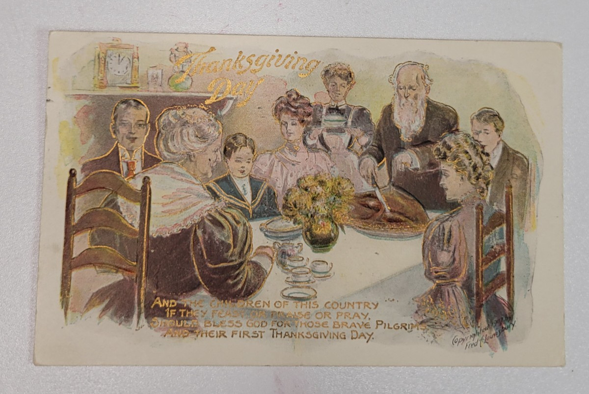 Vintage 1909 Thanksgiving Postcard Fred Lounsbury Embossed Family Dinner Scene