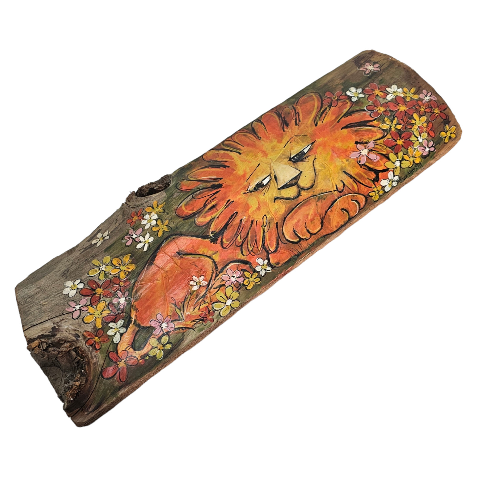 Vintage Rustic Log Lion Art Wood Hand Painted 23\