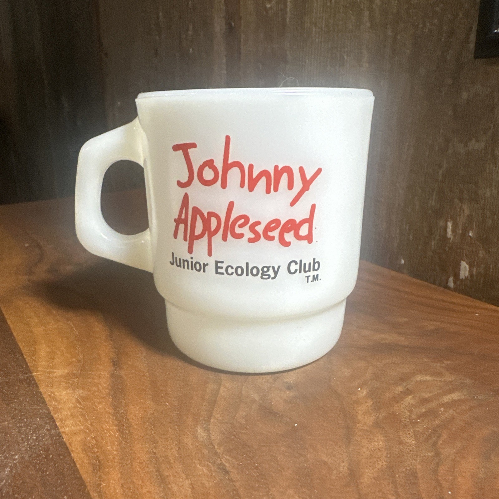 Vintage Johnny Apple Seed Milk Glass Mug Cup Fire King Junior Appleseed Club