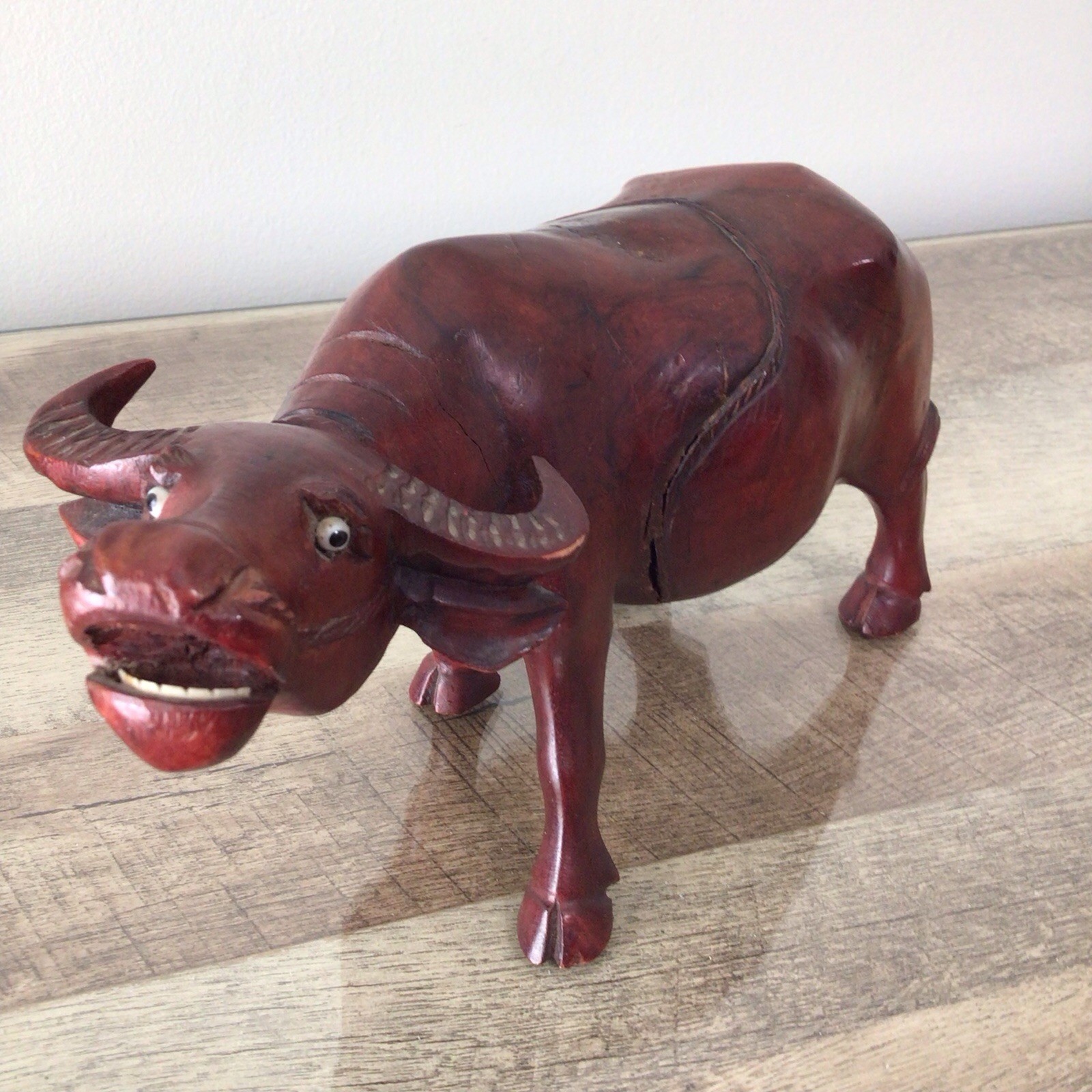 Vintage Hand-Carved Wood Water Buffalo Figurine Asian Folk Art Sculpture ~ ISSUE