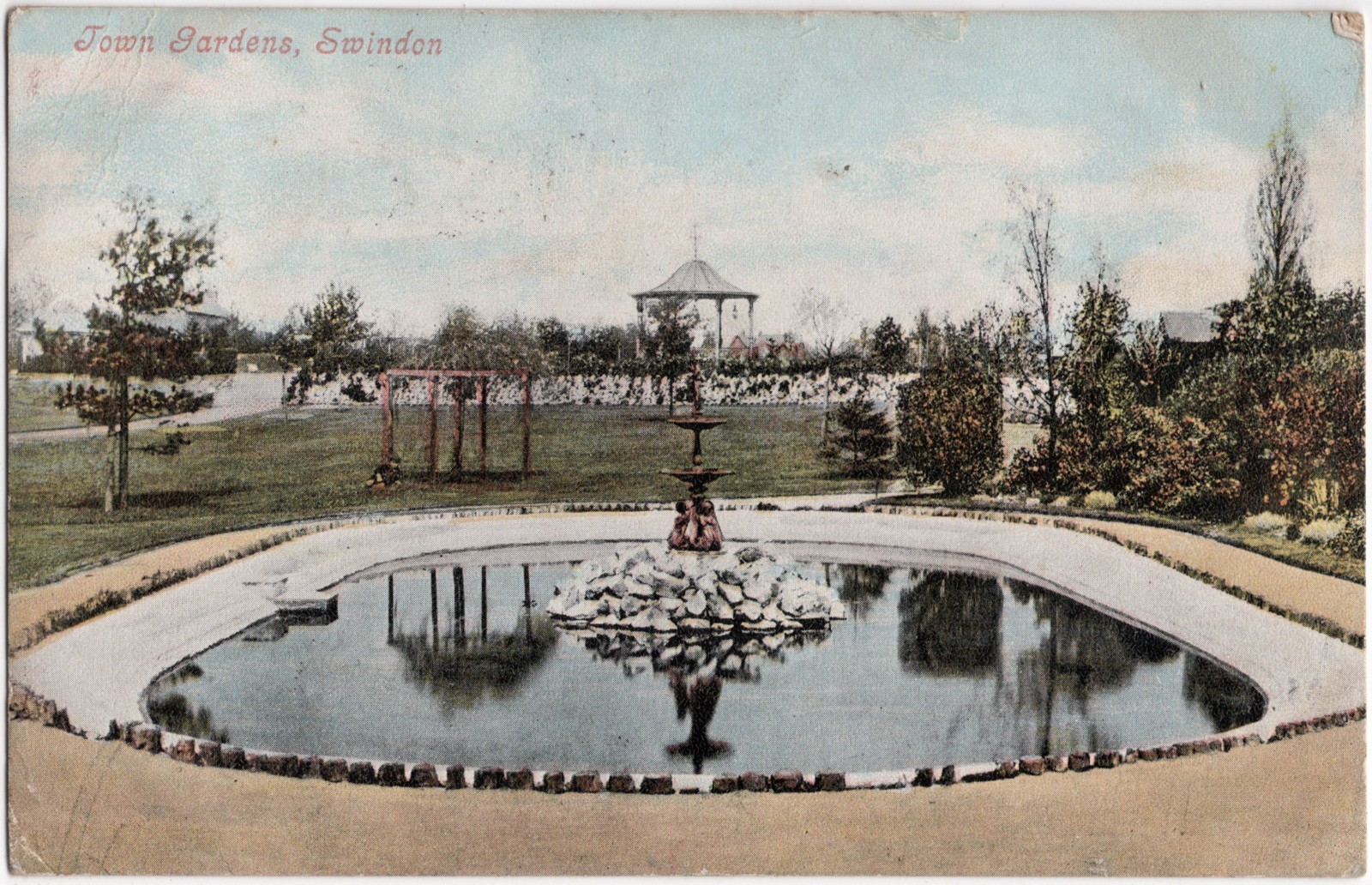 Antique 1905 Postcard Town Gardens Swindon Wiltshire England Fountain Park