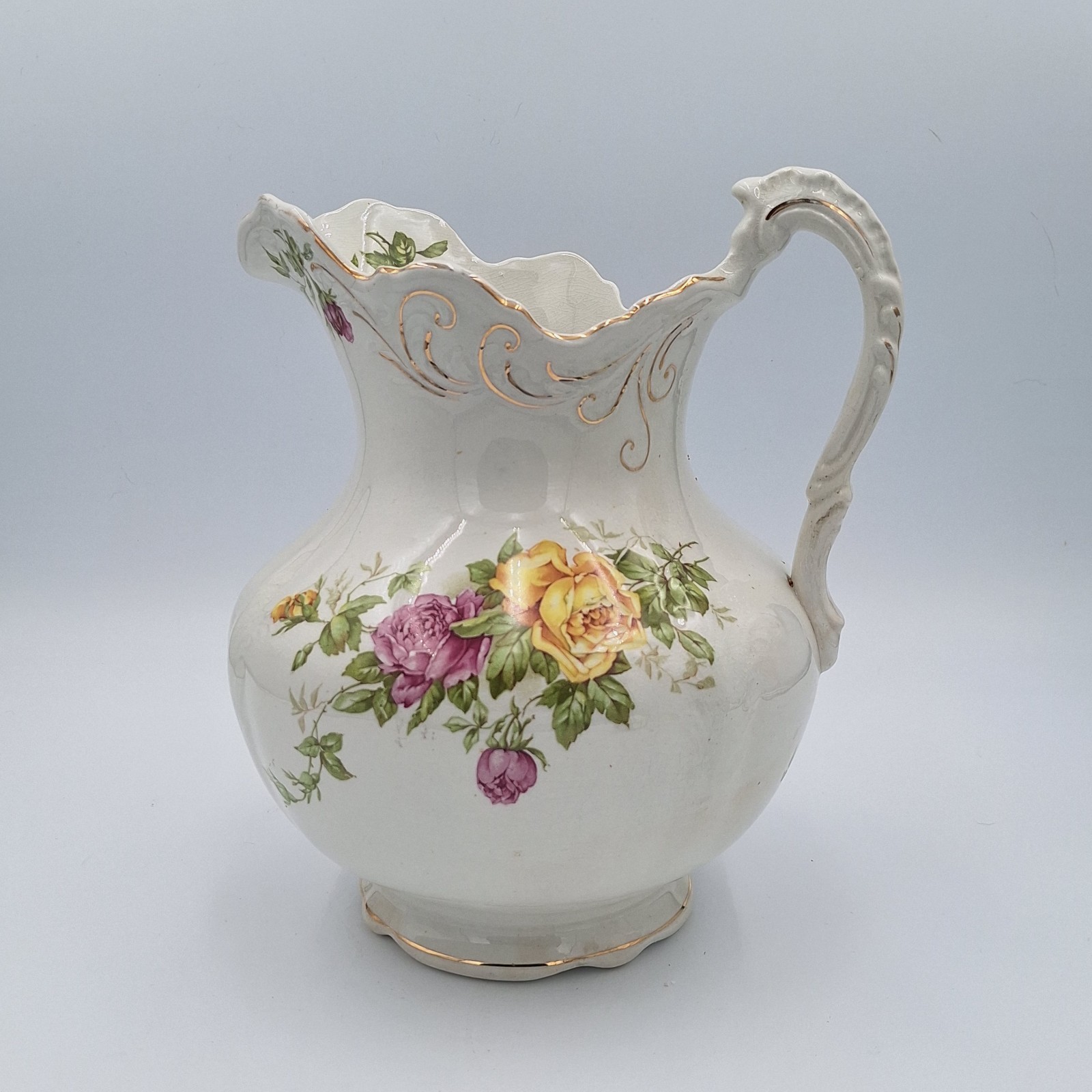 Antique Buffalo Pottery Cairo Pitcher Pink Yellow Roses c1915 HandPainted Signed