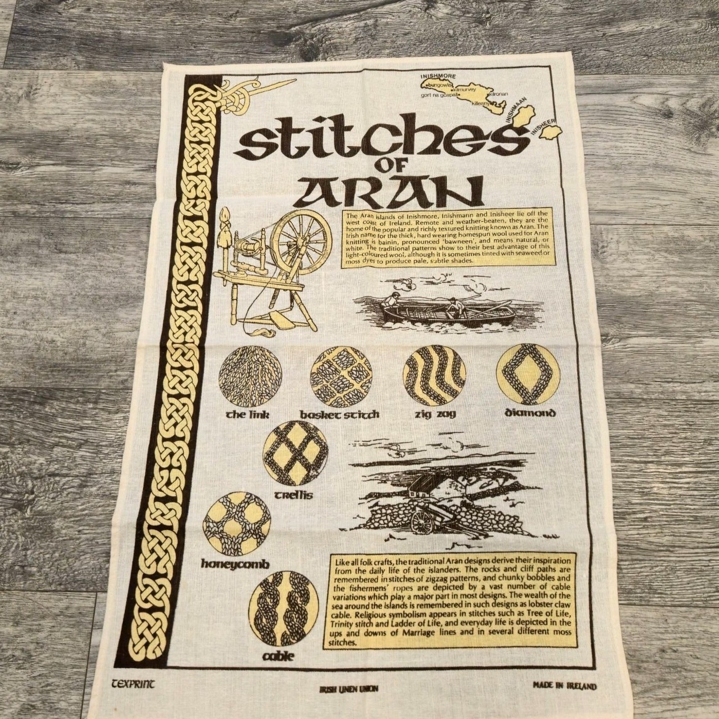 Vintage Stitches Of Aran Irish Tea Towel Made In Ireland Celtic Textile Heritage