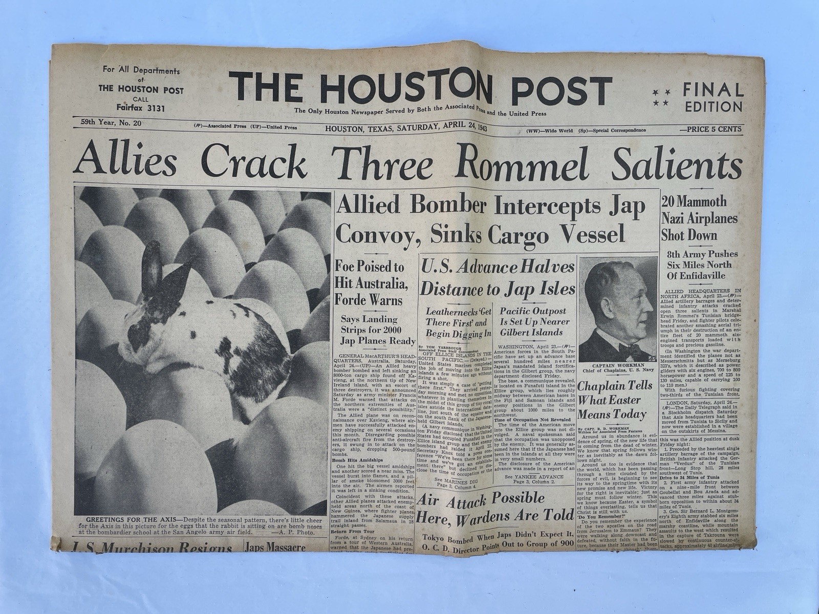April 23, 1943 Houston Post Newspaper World War II Military News April 23, 1943 Houston Post Newspaper World War II Military News