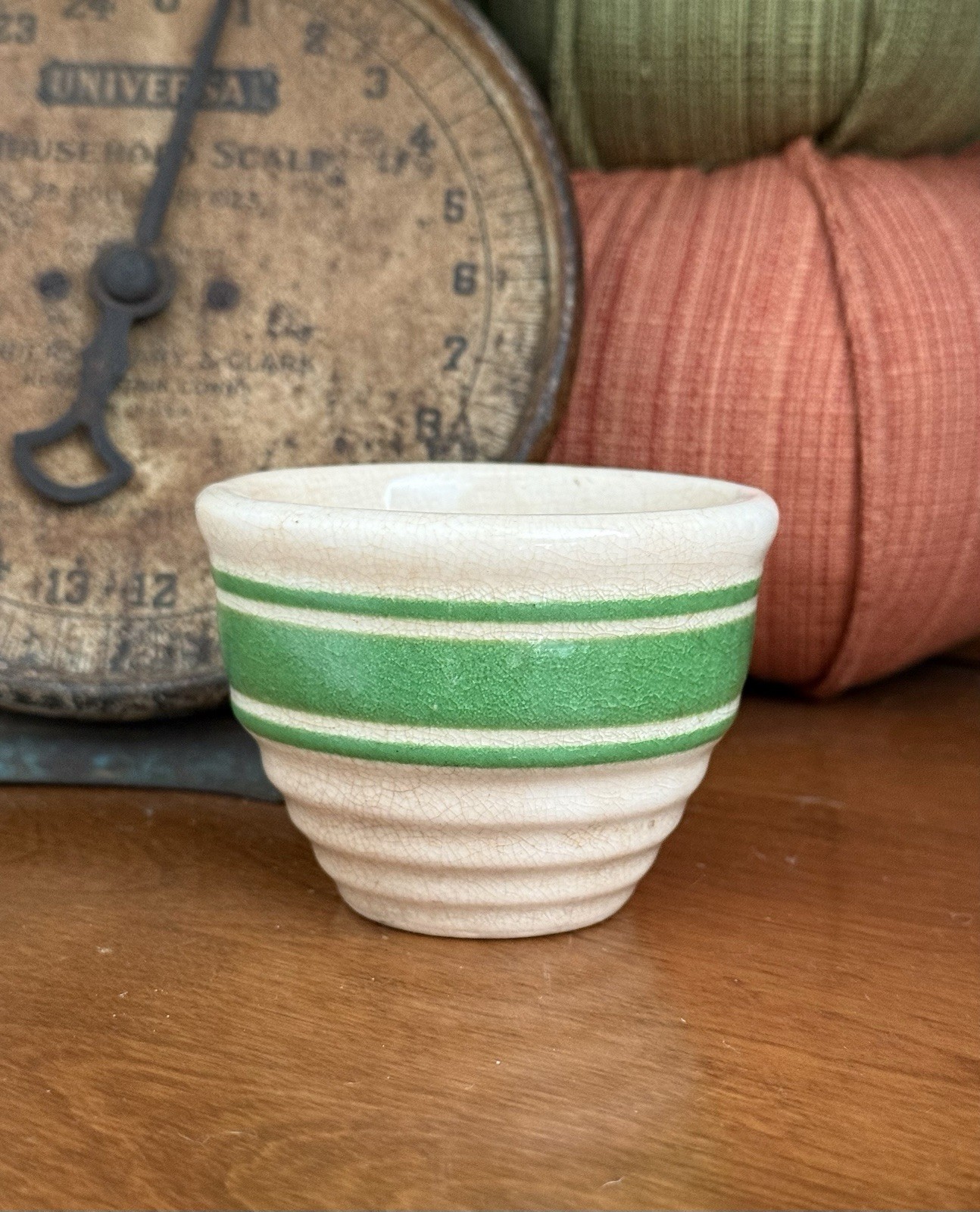 Green stripe Hull Bee Hive custard cup. Stained and crazed 