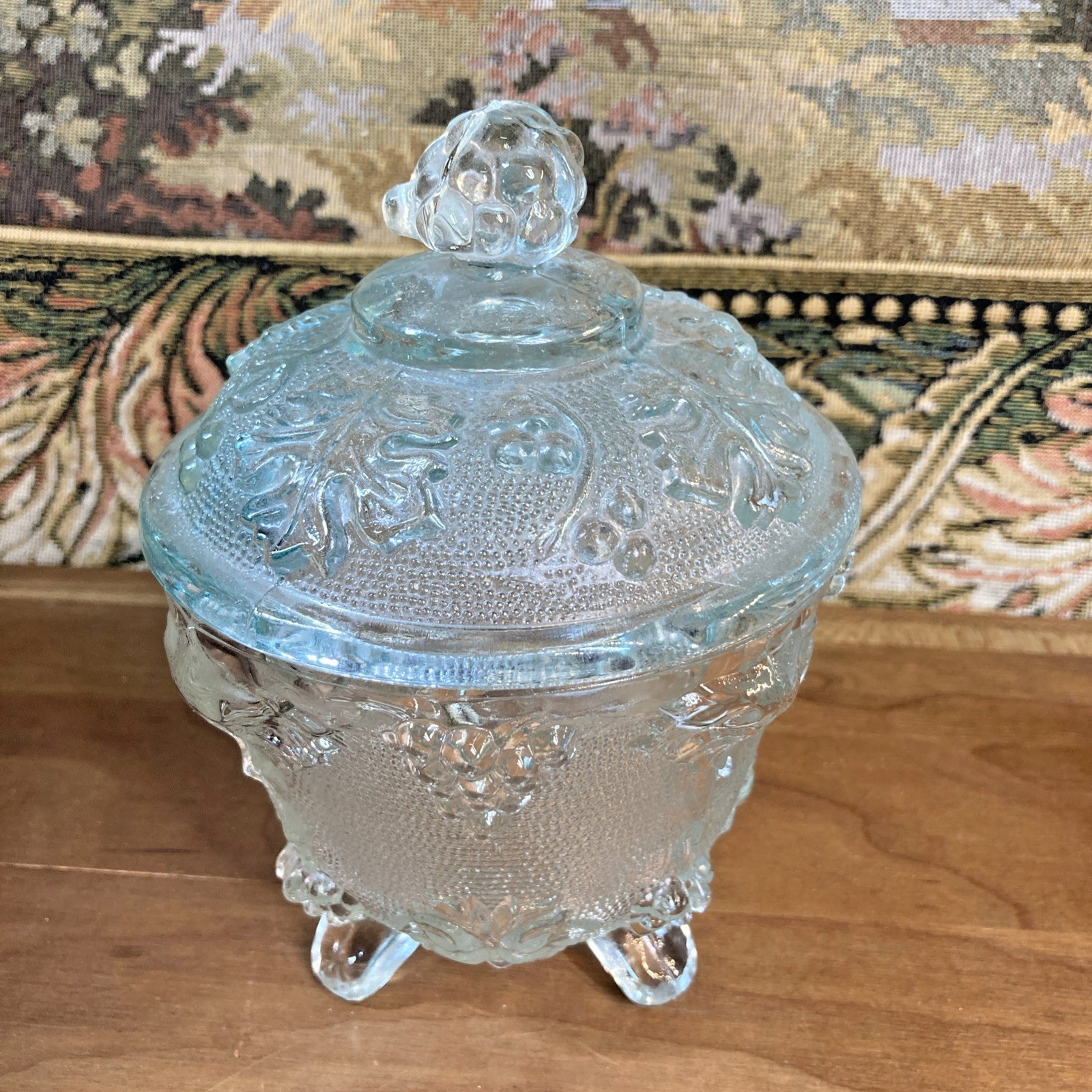 Vintage Jeanette Glass Clear Candy Dish W Lid 4-Footed Grape Leaf Stippled 6\