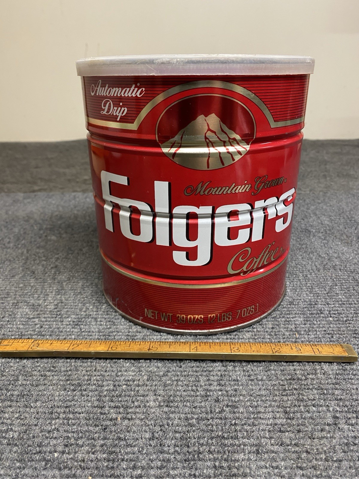 Vintage Folgers Red Metal Coffee Can Automatic Drip 39 ozs Mountain Grown USA