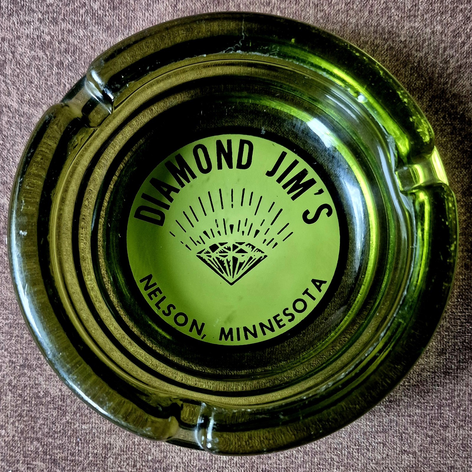 Vintage Diamond Jim's Nelson Minnesota Green Glass Ashtray READ