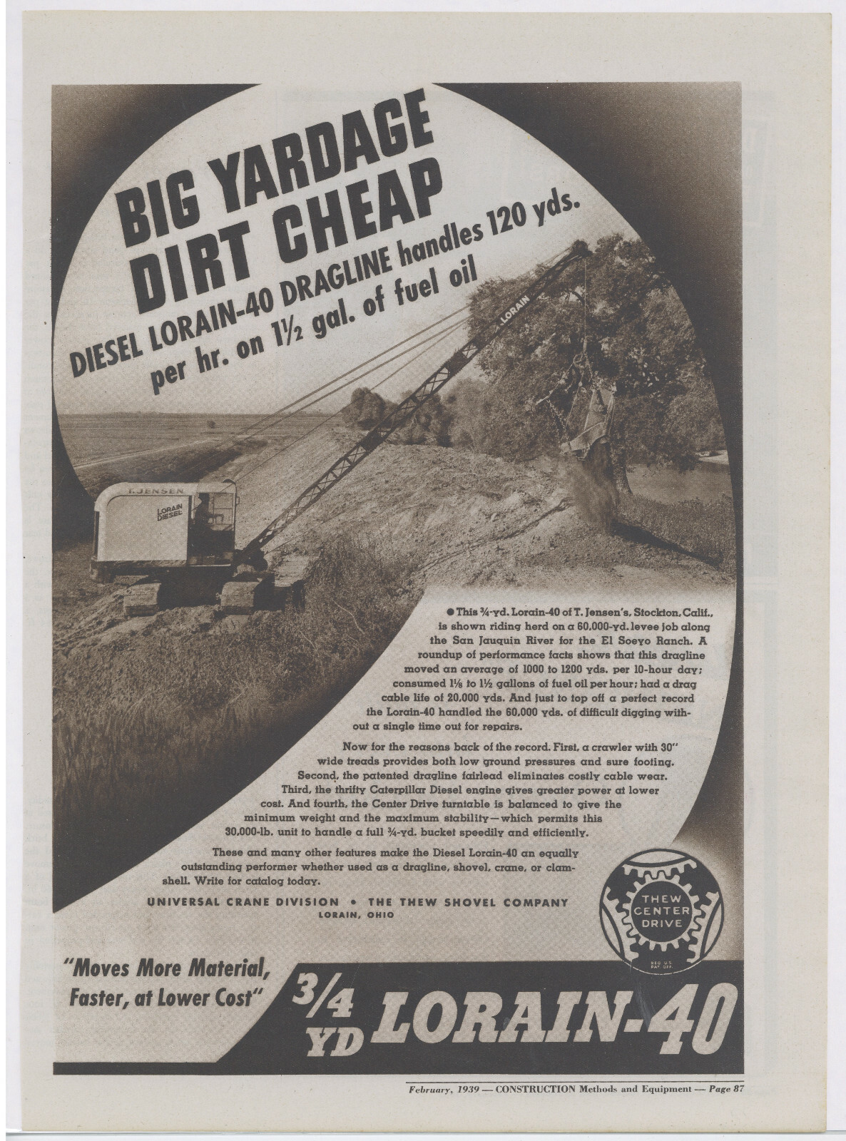 1939 Thew Shovel Co. Advertisement: Lorain 40 Diesel Dragline Crane Stockton CA