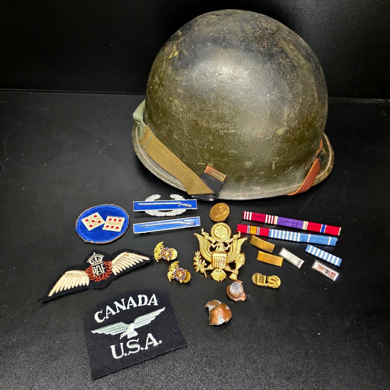 WW2 M1 Helmet Rare Nov 1944-Aug 1945 US Army Green Military Insignia Lot
