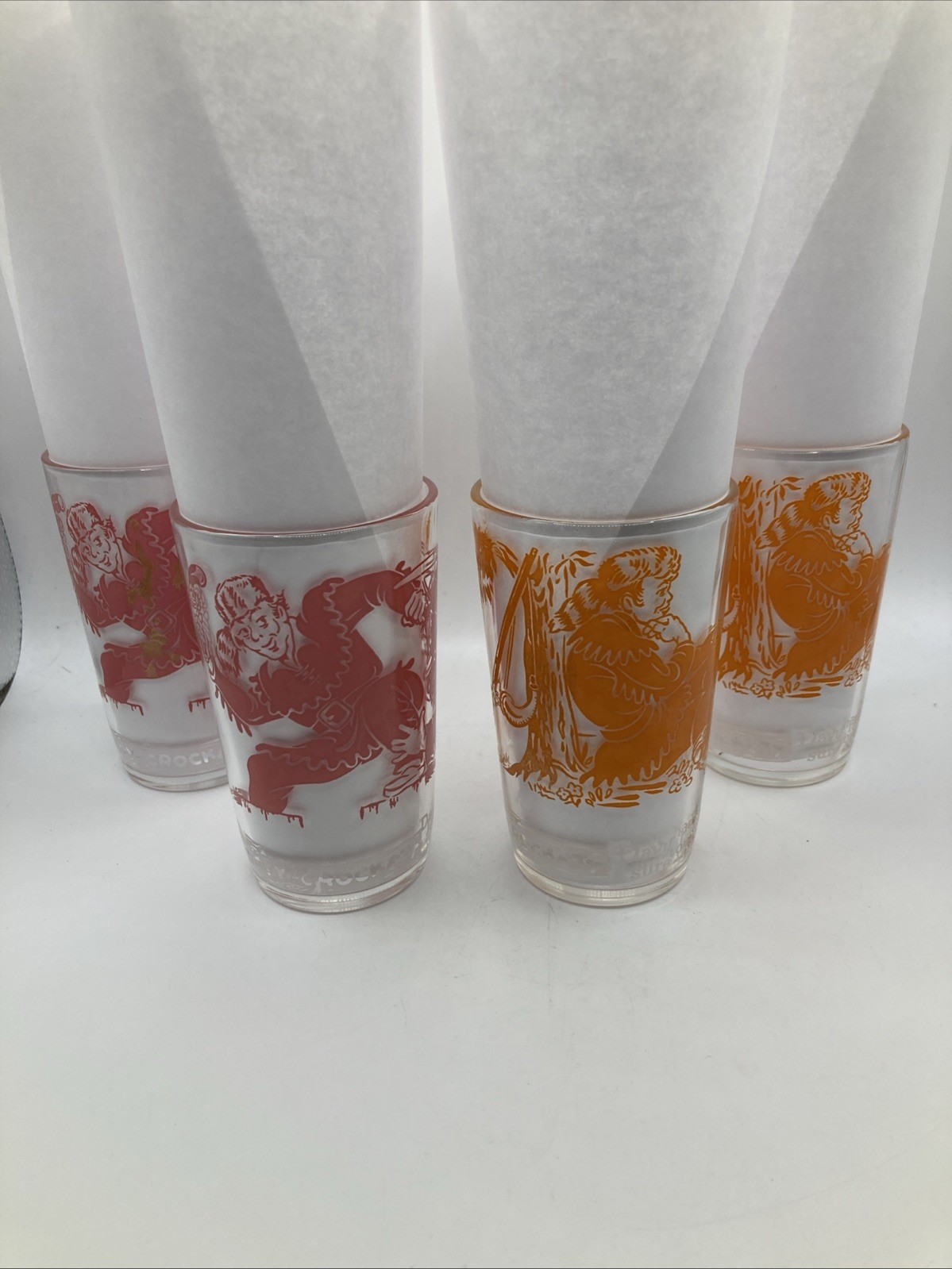 4 Vintage Davy Crocket Jelly Juice Glasses 1950’s 2 Pink 2 Orange Glassware