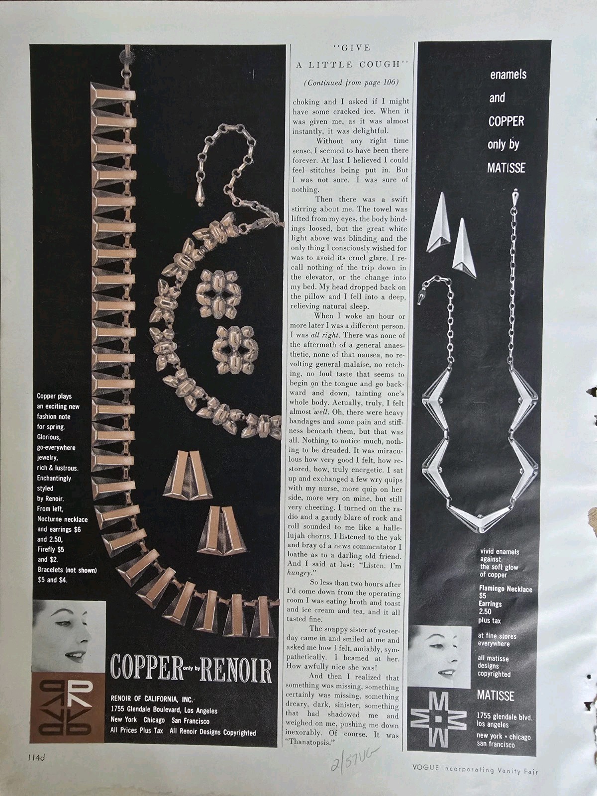 1957 Renoir Matisse Copper Choker Necklace Bracelet Earrings Vintage Jewelry Ad