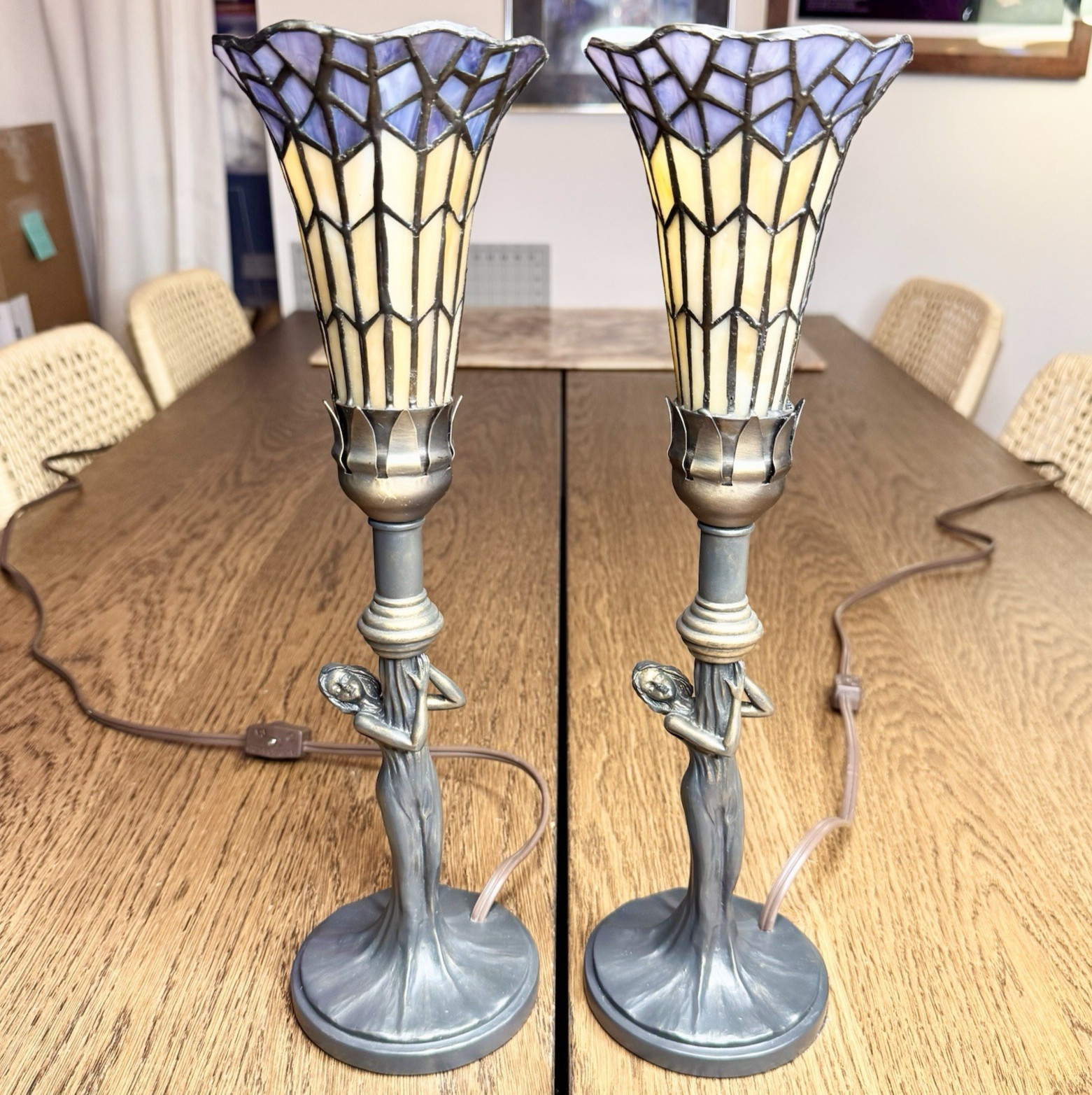 Vintage Art Nouveau Lady Figural Stained Glass Table Lamps Purple Cream 14.75”