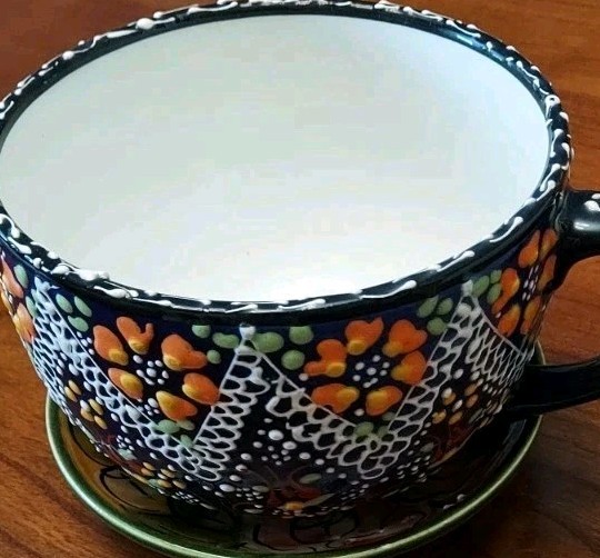 VTG Large Cappuccino Mug, Handmade Married Saucer Excellent Artistic Expression