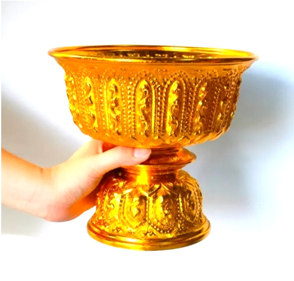 Thai Design Phan Lao Vintage Gold Tray High Foot Embossed Aluminum Gift 22 cm