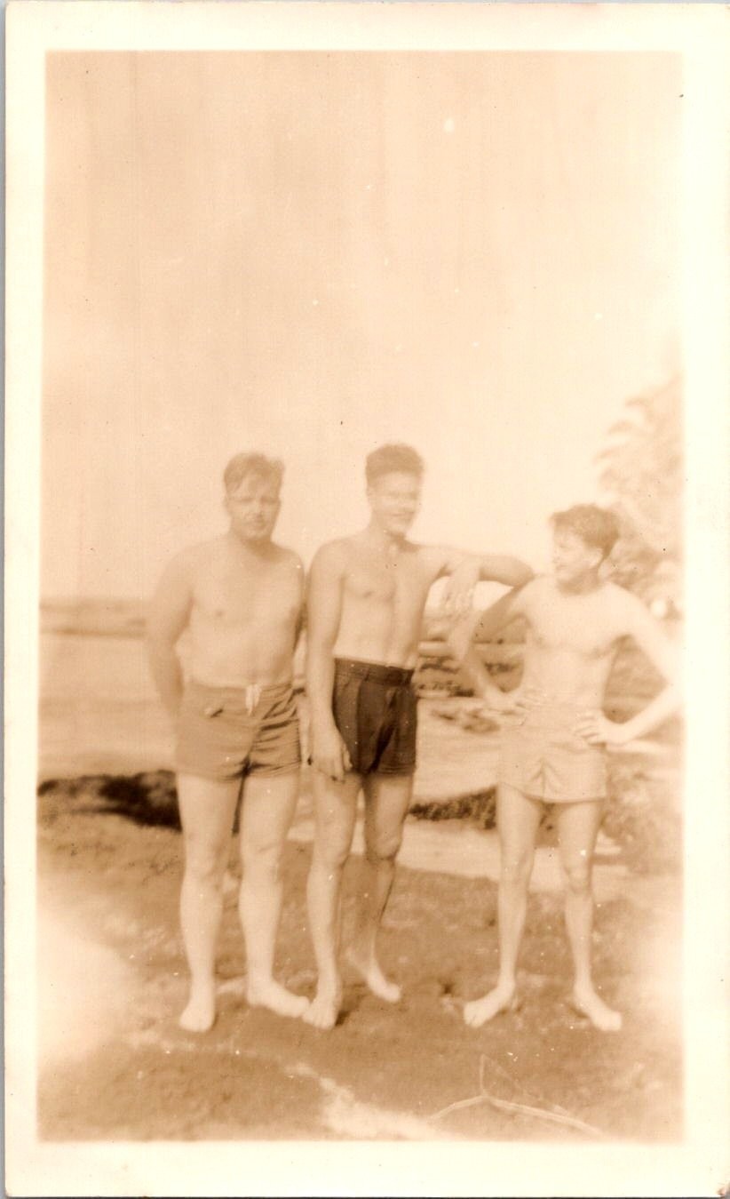 Vintage Photo 1940s Three Men in Swim Trunks Beach Lake Sepia Toned Snapshot Vintage Photo 1940s Three Men in Swim Trunks Beach Lake Sepia Toned Snapshot