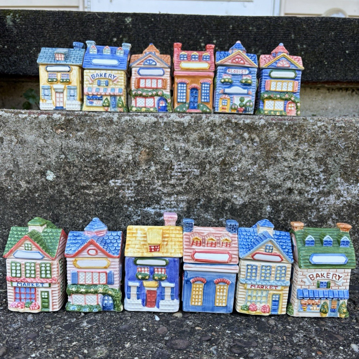 Vintage 90s Avon Ceramic Spice Houses/Village Lot of 12 Labels Included Vintage 90s Avon Ceramic Spice Houses/Village Lot of 12 Labels Included