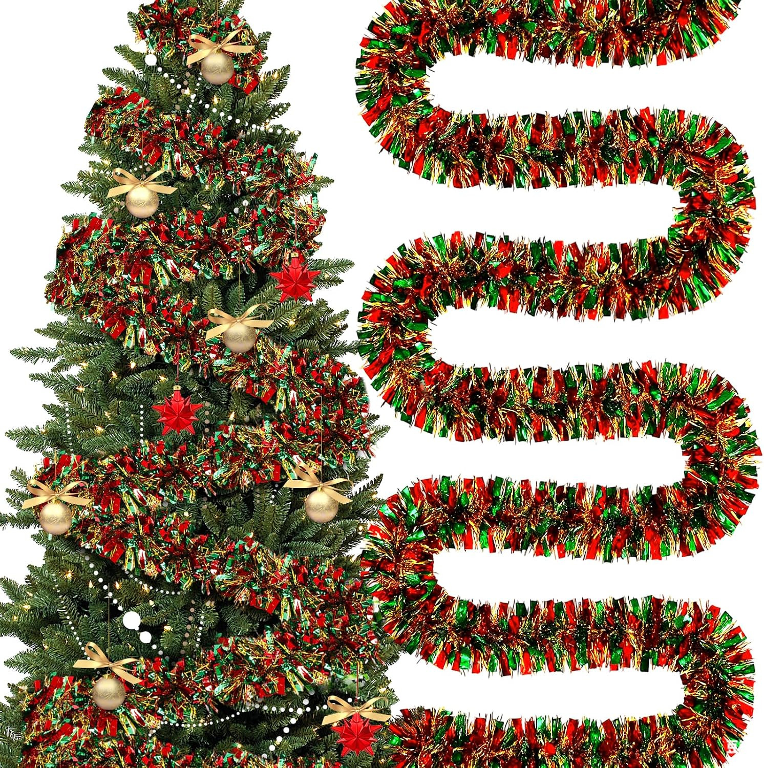 295 Feet Christmas Tinsel Garland, Red, Green, Gold 295 Feet Christmas Tinsel Garland, Red, Green, Gold