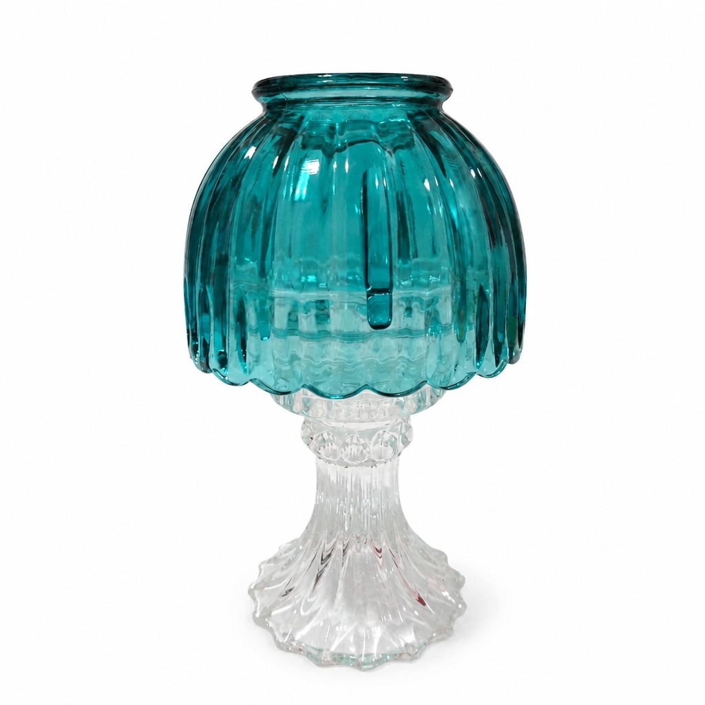 Vintage L.E. Smith Teal Blue & Clear Glass Fairy Lamp Umbrella Candle Holder 9\