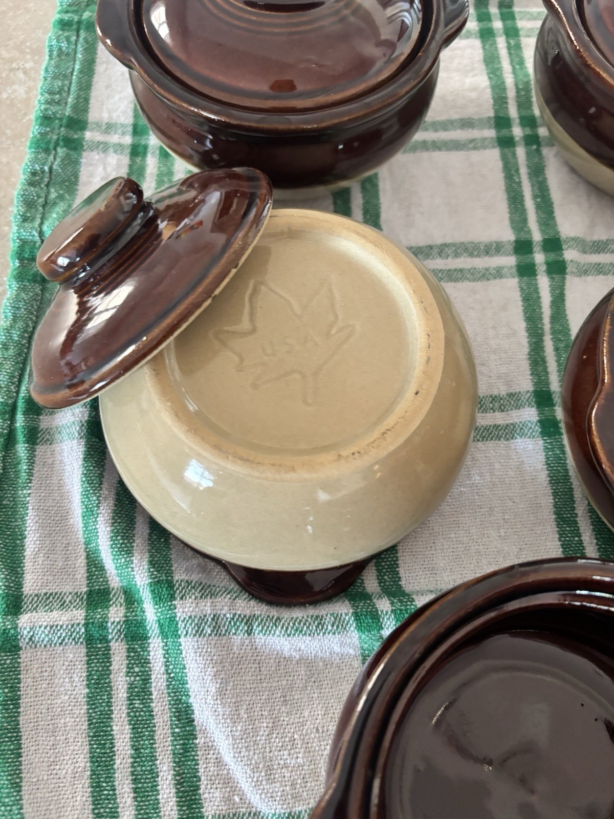 Vintage Monmouth Brown Drip Glaze Soup/Bean Pot Handles ~4” 1970’s Set Of 5