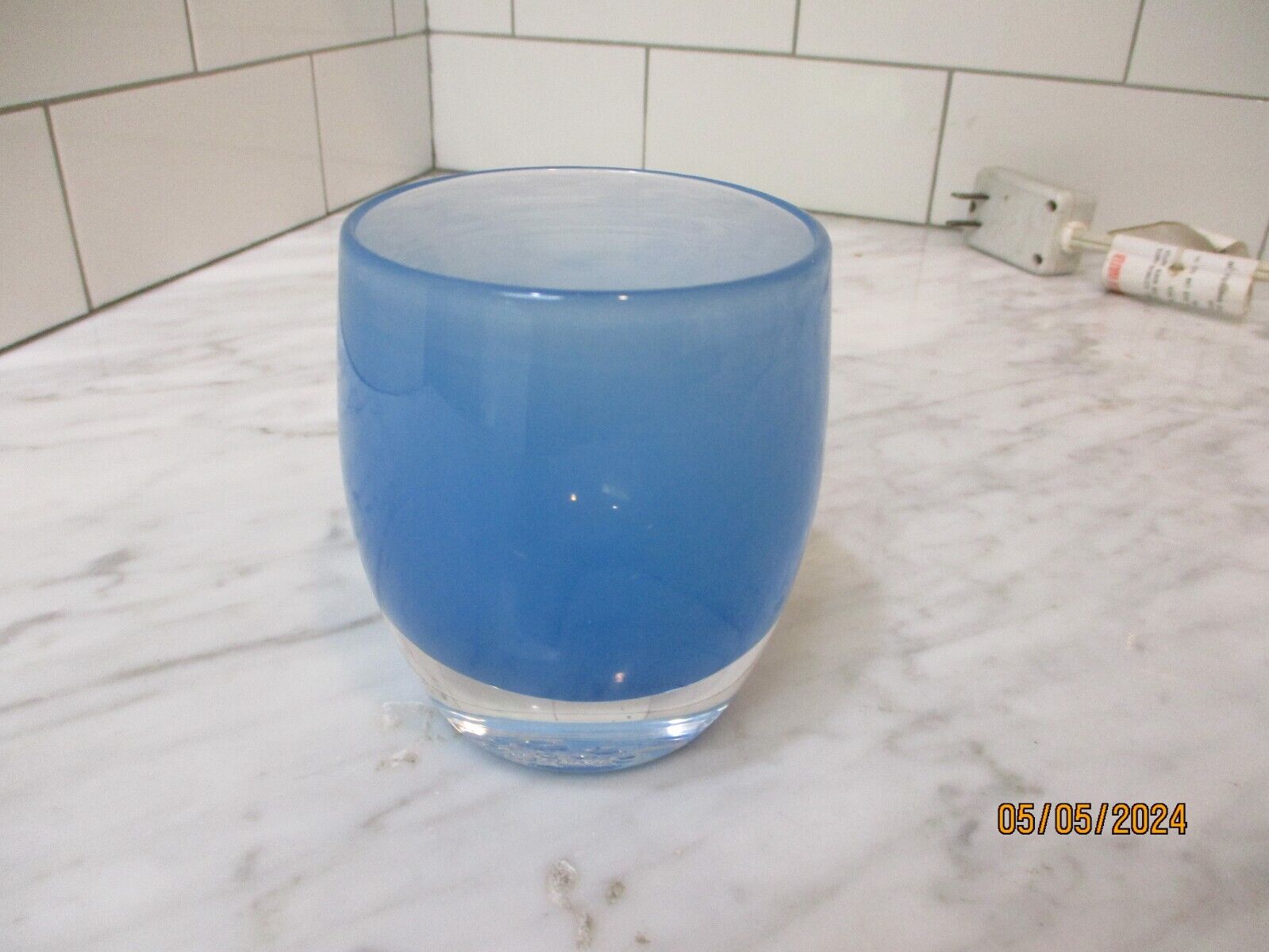 Glassybaby Candle Votive Holder Blue KEEP COOL W/Tag