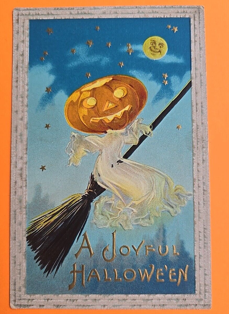 Antique Vntg Halloween Postcard, Barton Spooner 34A, JOL Ghost Flying On Broom