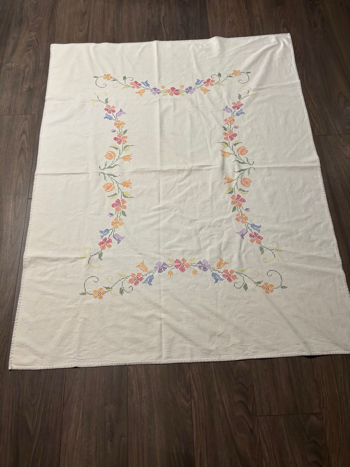 Vintage Cottagecore Linen Tablecloth Hand Cross Stitch Floral Grannycore 61x48