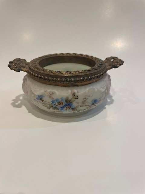 Antique Wave Crest C.F. Monroe Scroll Mold Blue Floral Glass Trinket Bowl Handle