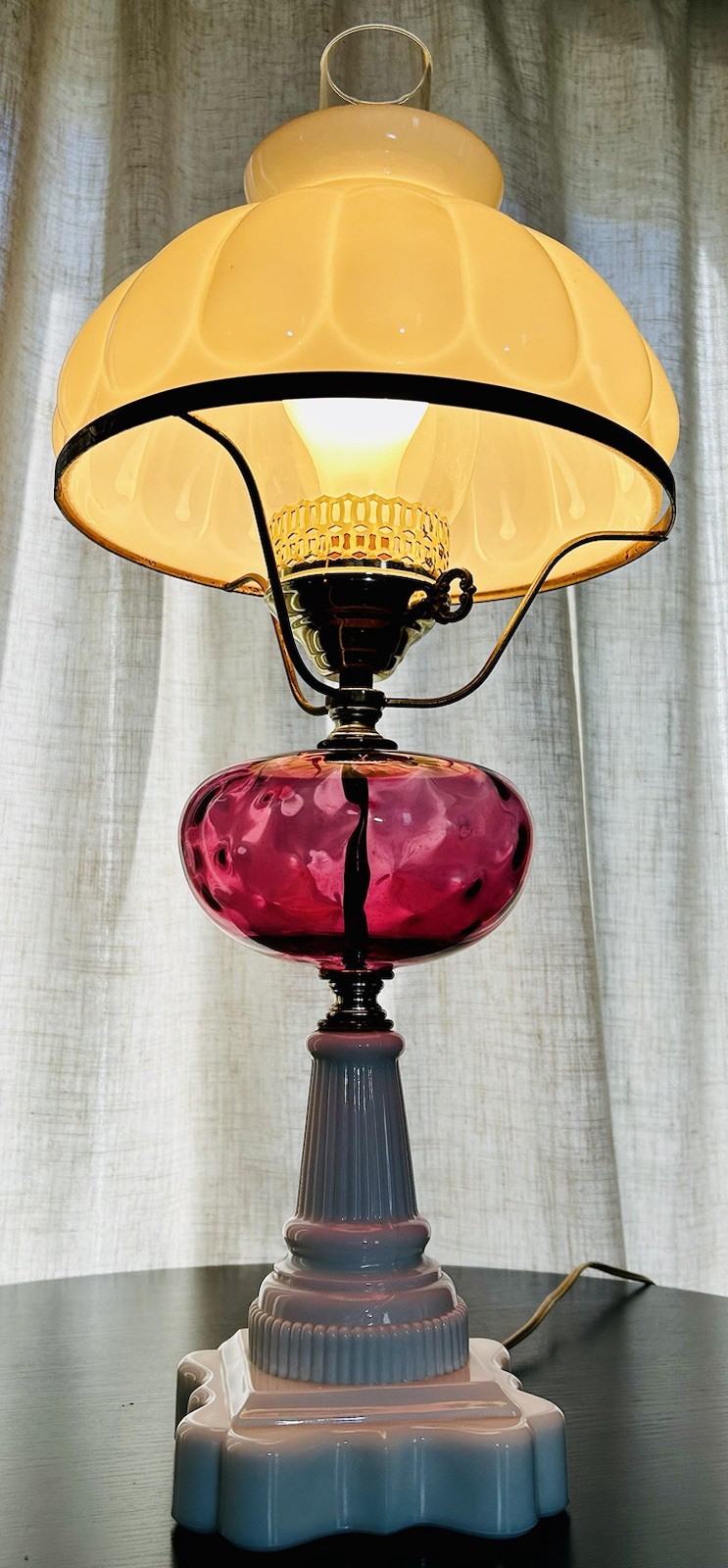 Vintage Fenton LG Wright Cranberry & White Milk Glass 3 Way Hurricane Lamp 23.5”
