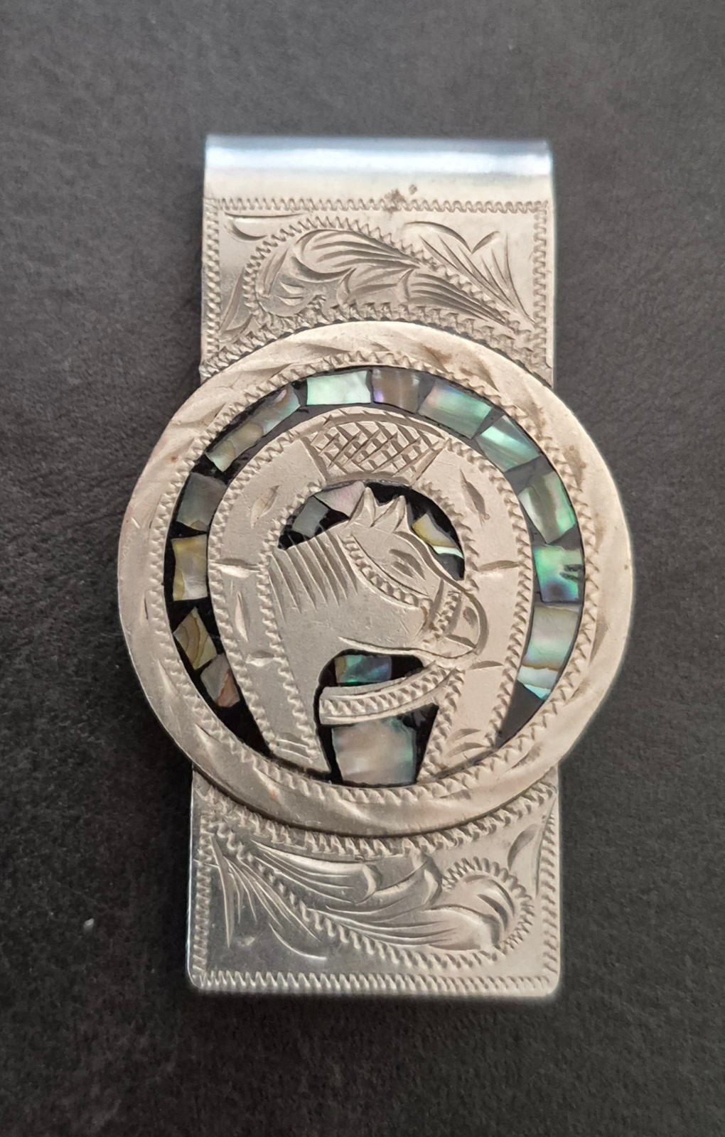 Vintage MEXICO Silver Inlaid Abalone Shell Horse & Horseshoe Money Clip