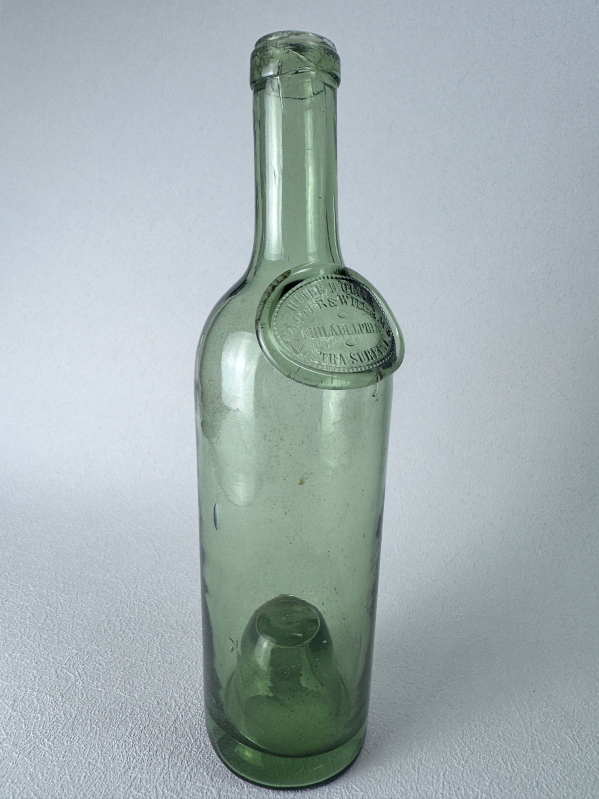 Vintage Carter & Williams Olive Oil Green Glass Bottle w/ Seal - Philadelphia PA