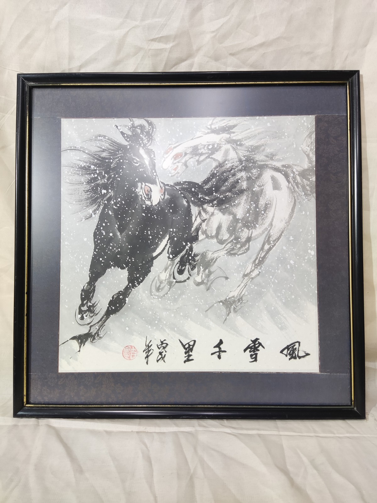Vintage Chinese Ink Painting Running Horses Snow Signed Framed Silk Mat Guohua 