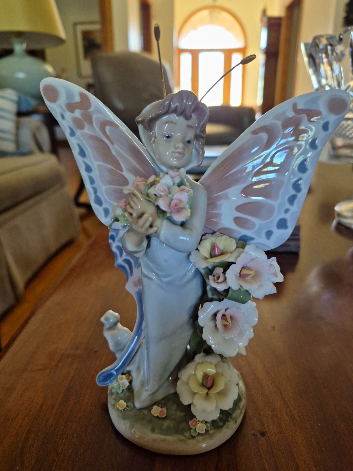 Lladró Porcelain Fairy Figurine Butterfly Wings & Flowers on Wood Base