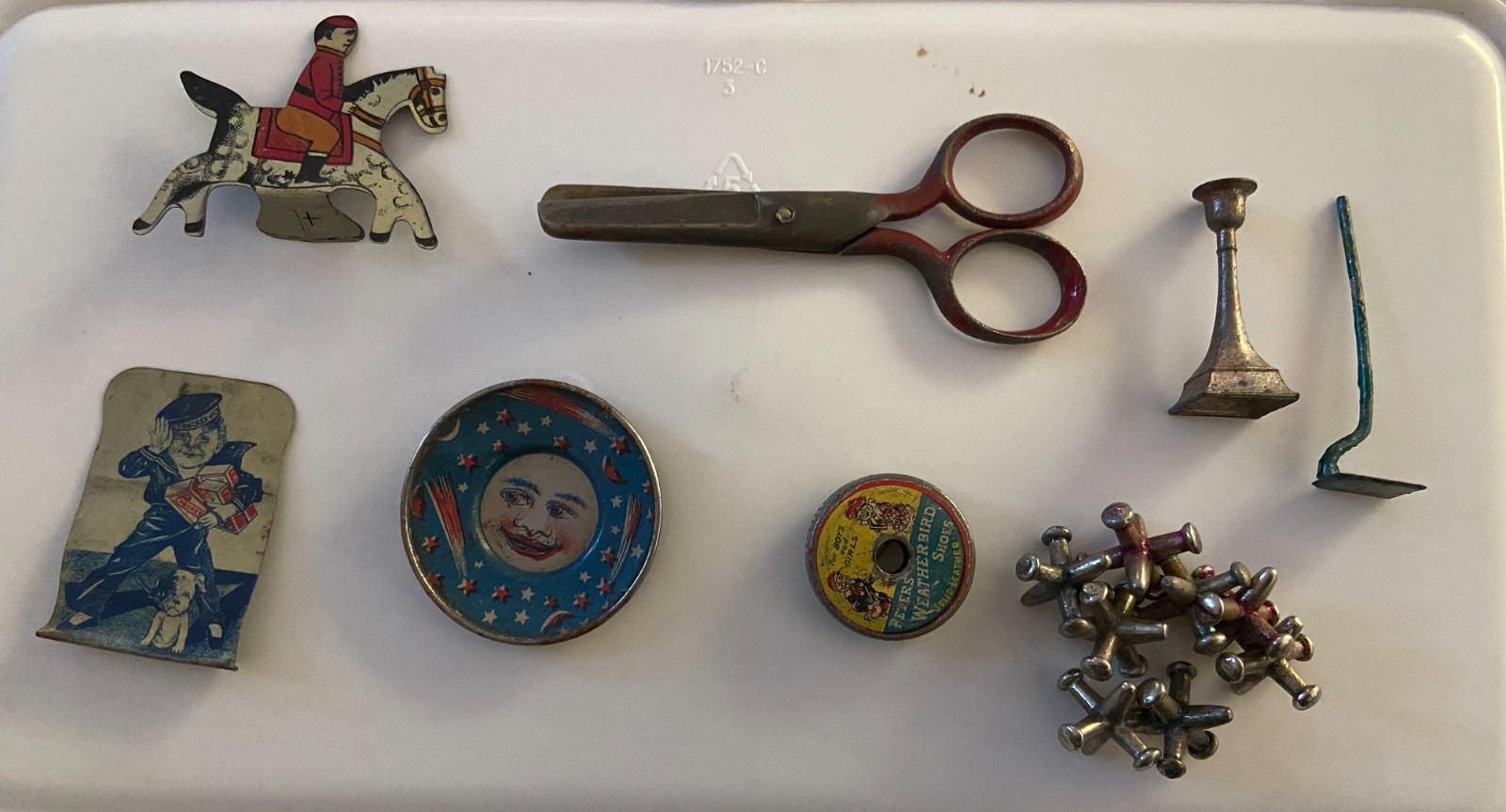 Antique 1912 Cracker Jack Stand Up Tin Litho Sailor & Other Rare Prizes