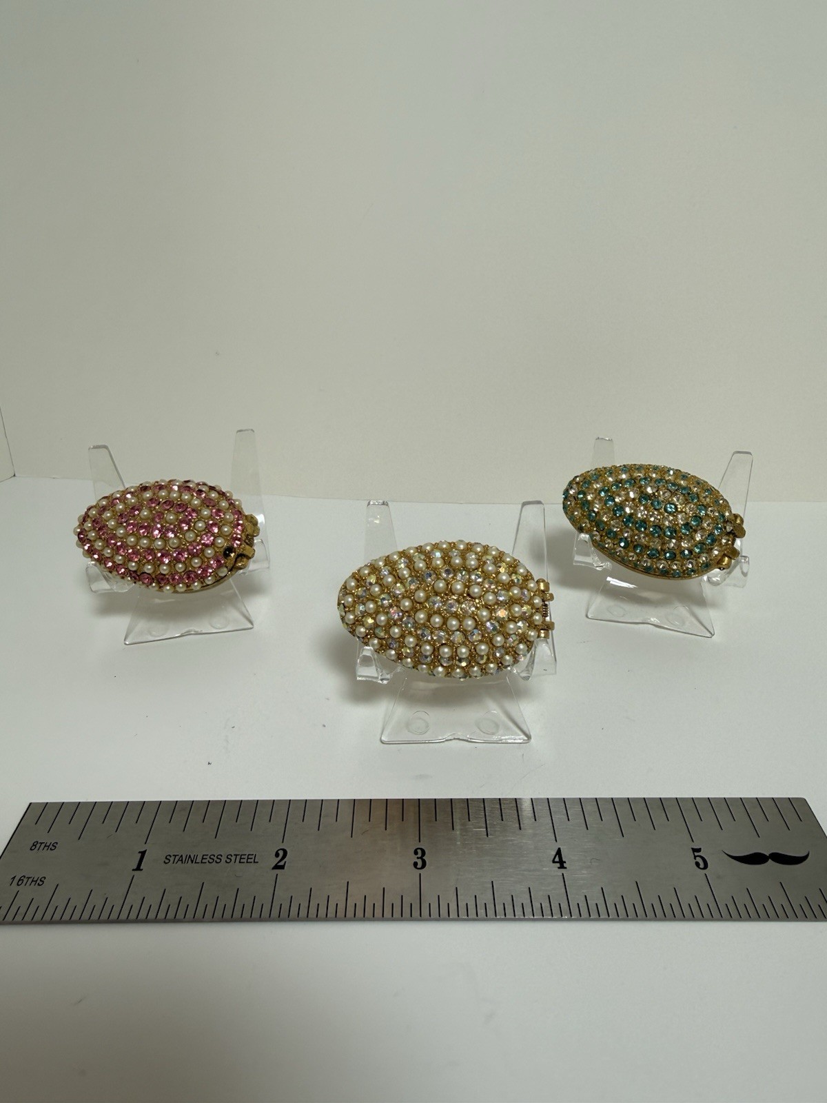 Vintage Solid Perfume Compacts-3 rhinestone encrusted egg shaped w/faux pearl460