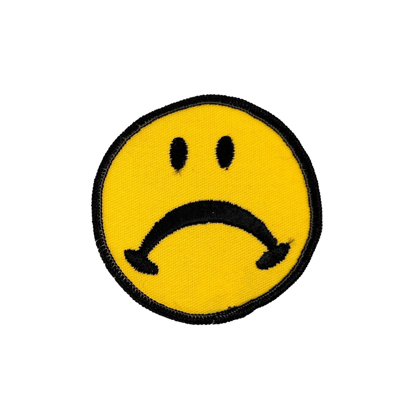 Vintage 1970s Deadstock Sad Face Patch Iron-On 3 Inch Yellow Black Frown Emblem