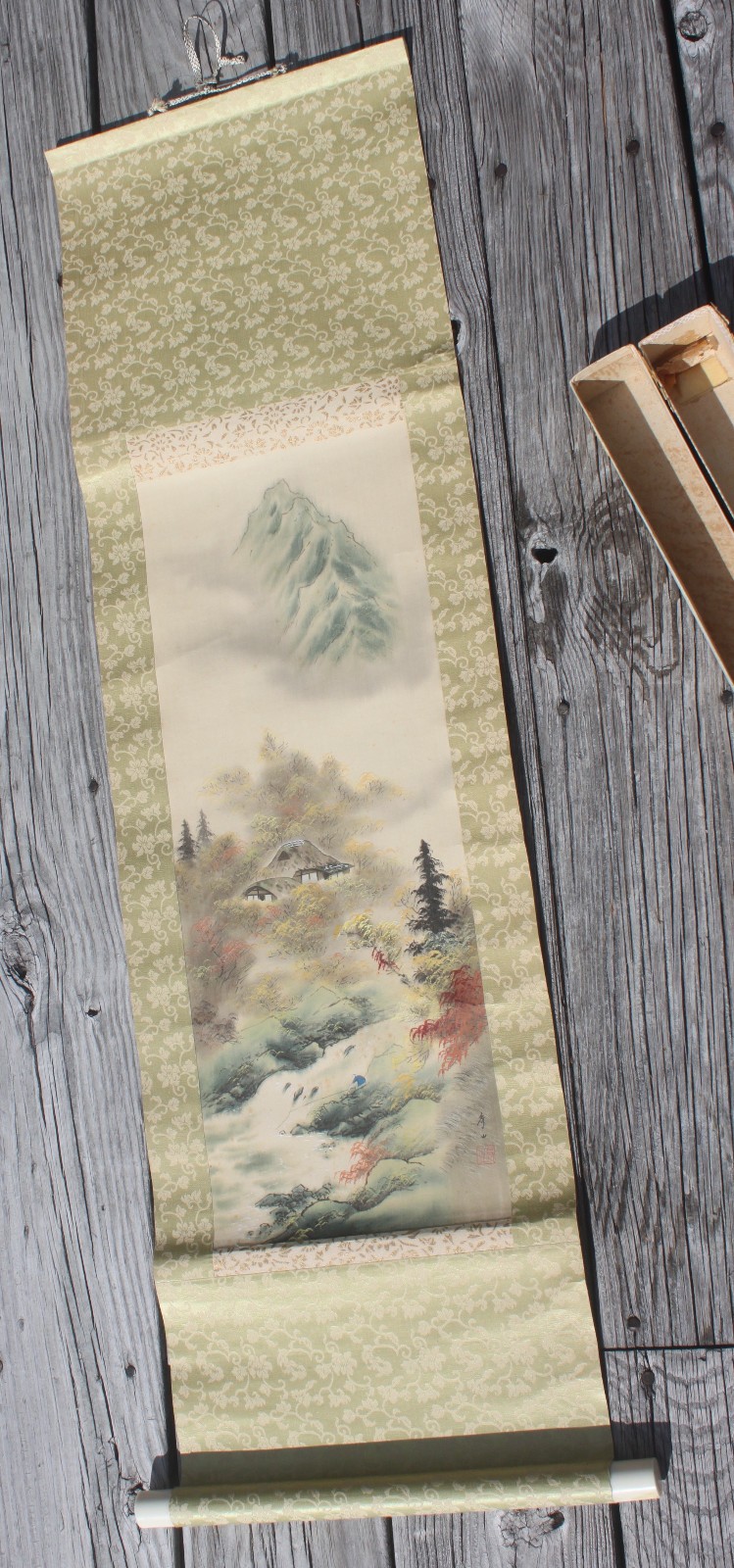 Vintage Japanese Scroll Wall Hanging Mountain Valley Scene 1950's Vintage Japanese Scroll Wall Hanging Mountain Valley Scene 1950's