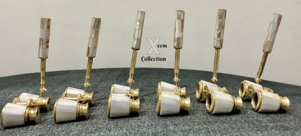 Lot of 6 Antique Brass Opera Glasses Mother of Pearl & Handle Fittings India