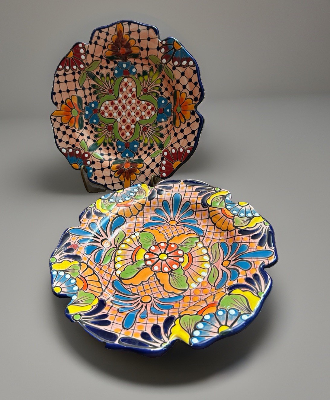 Two Authentic Mexican Talavera Hand-painted Ceramic Platters 11” Wall Decor