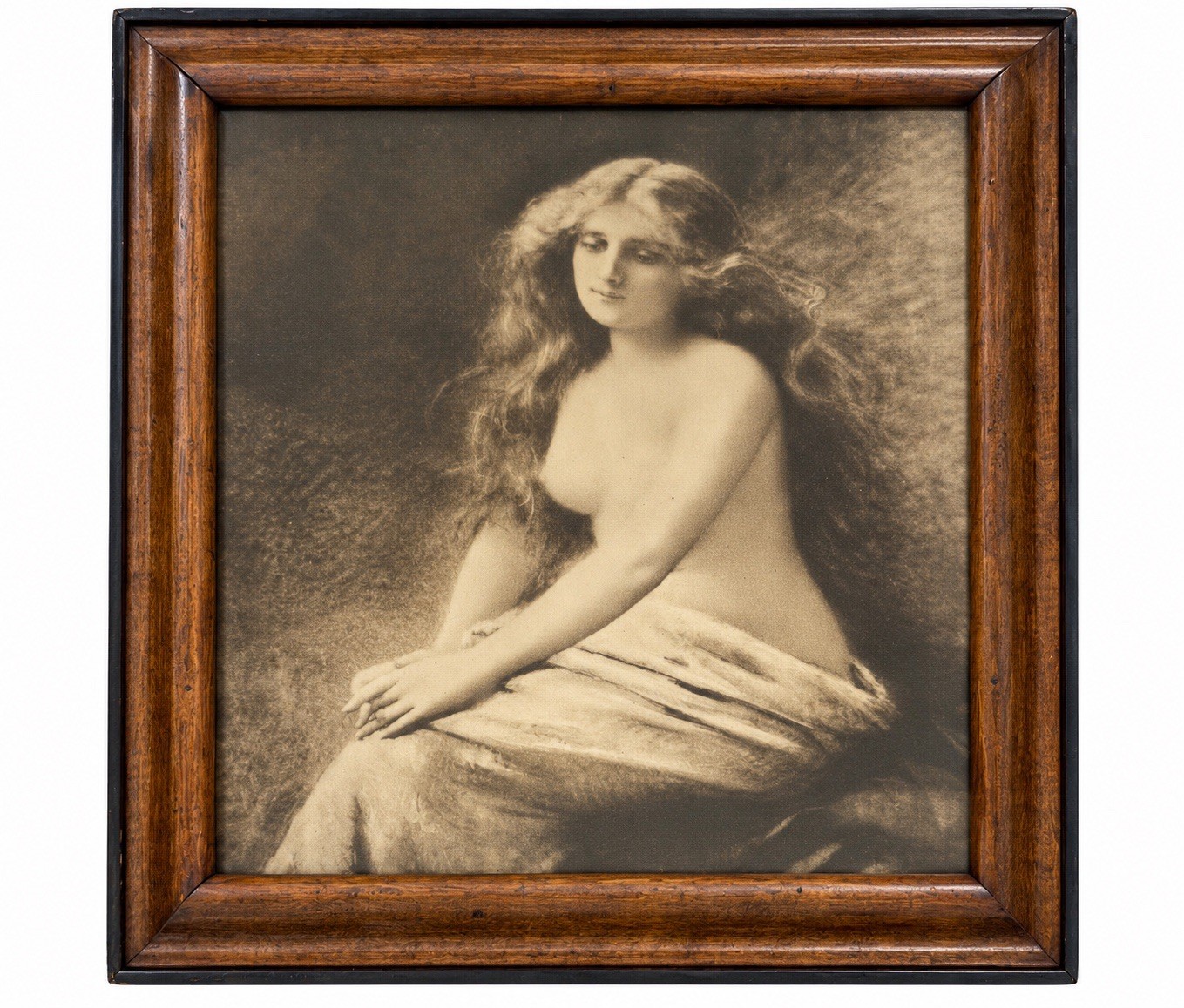 Antique Renoir Seated Female Nude Sepia Photogravure Print Wood Frame c. 1910s