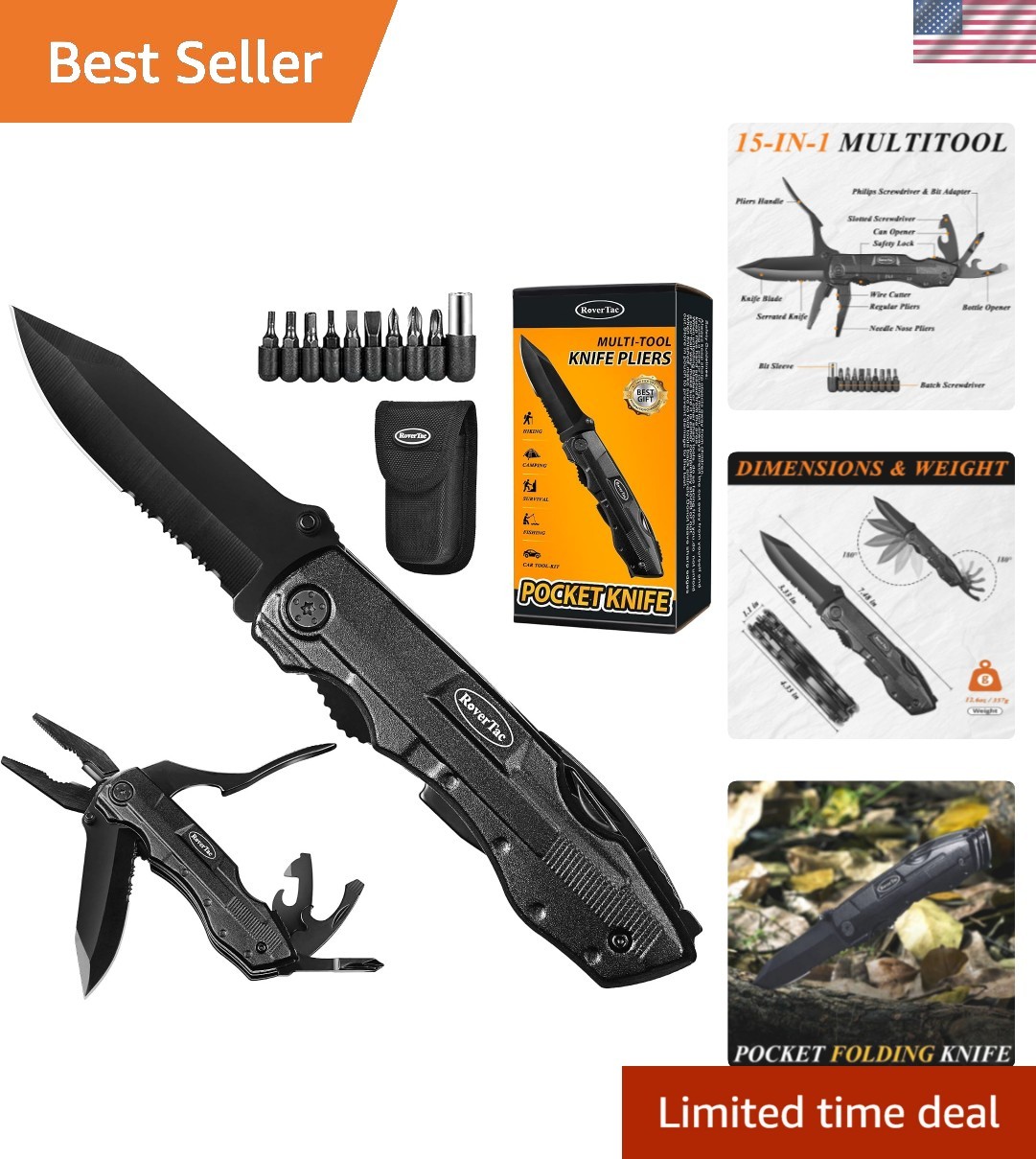 Pocket Knife, 15-in-1 Multitool with Pliers, Bottle & Can Opener, 9 Screwdriv... Pocket Knife, 15-in-1 Multitool with Pliers, Bottle & Can Opener, 9 Screwdriv...