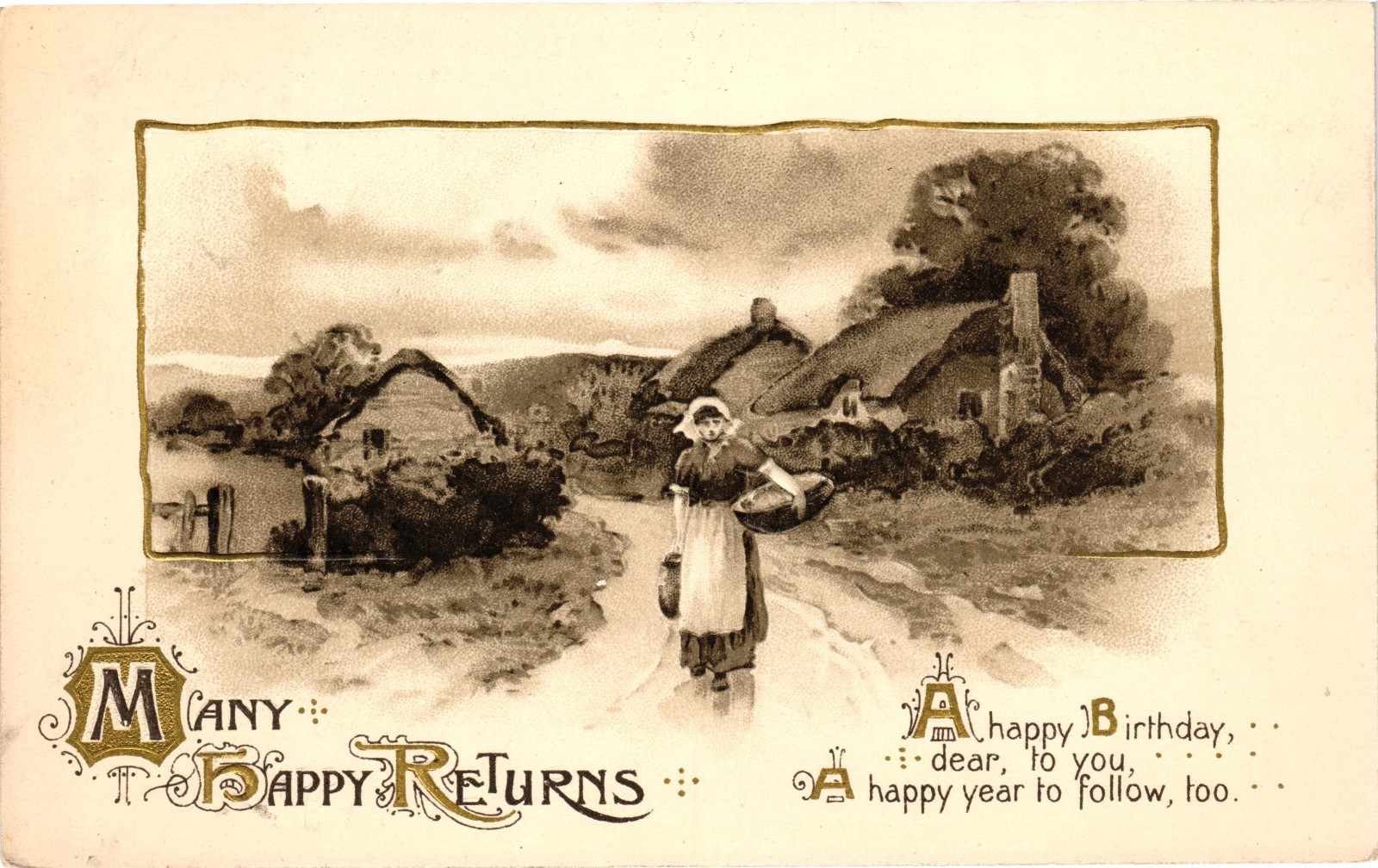 Antique Birthday Postcard Many Happy Returns Cottage Woman Germany 1912