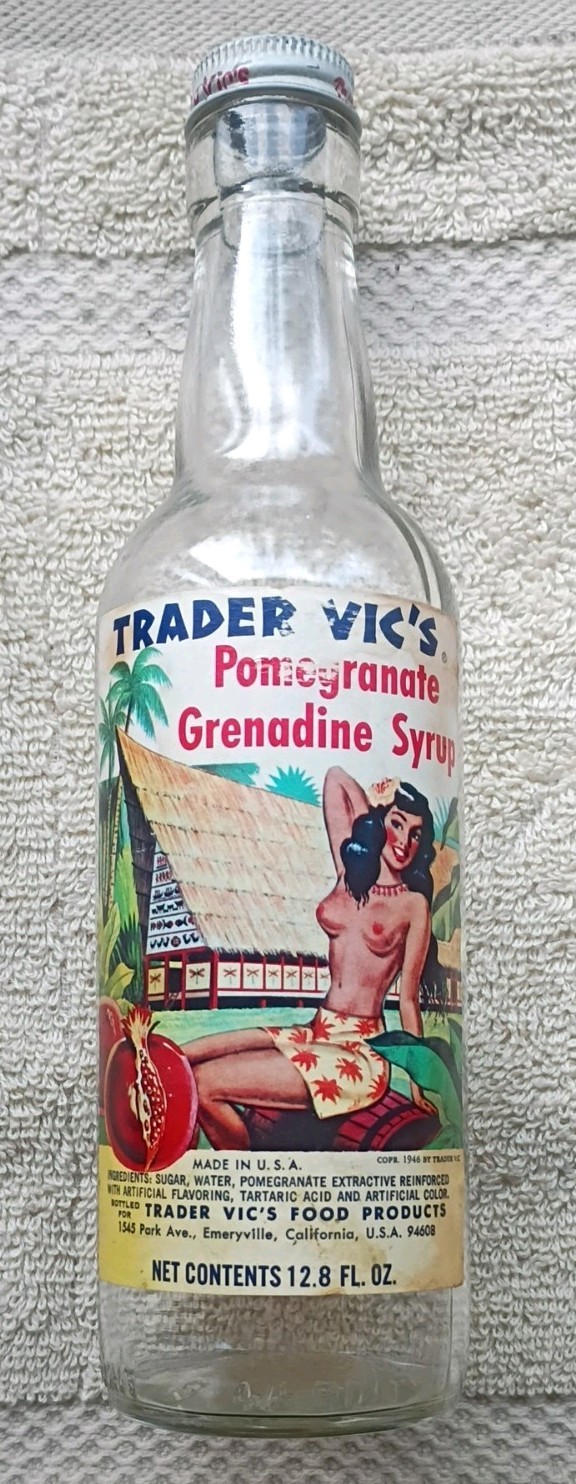 VINTAGE 1946 TRADER VIC'S POMEGRANATE GRENADINE SYRUP BOTTLE OLD TOPLESS VERSION