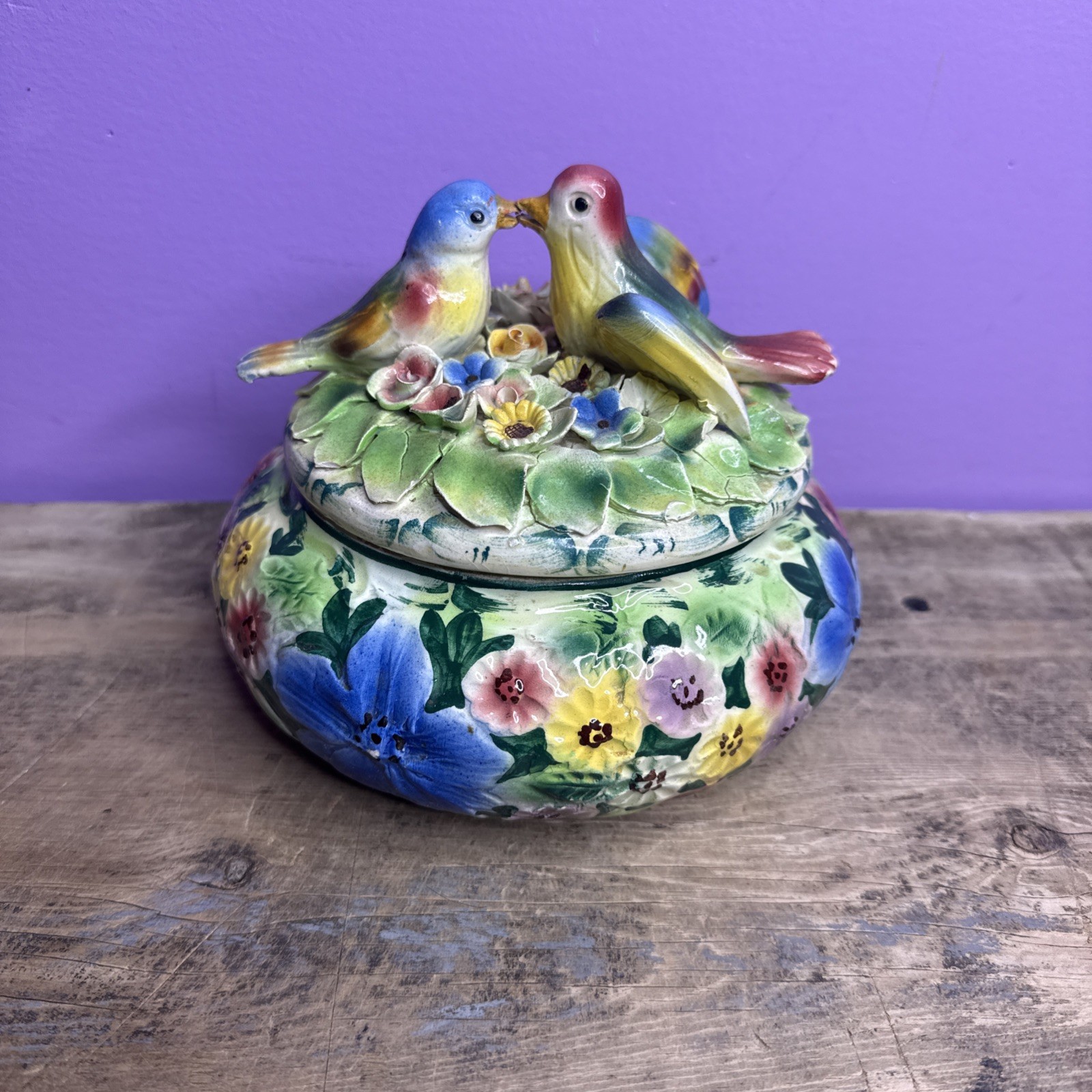 Vintage Paul’s Ceramic Floral Bowl With Dimensionsl Molded Lid WithFlowers/birds