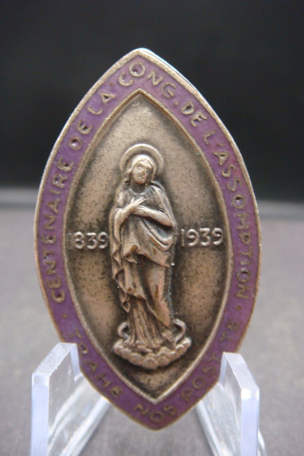 RARE 1939 FRENCH CENTENAIRE DE LA CONG DE L ASSOMPTION ENAMEL PIN BADGE MEDAL