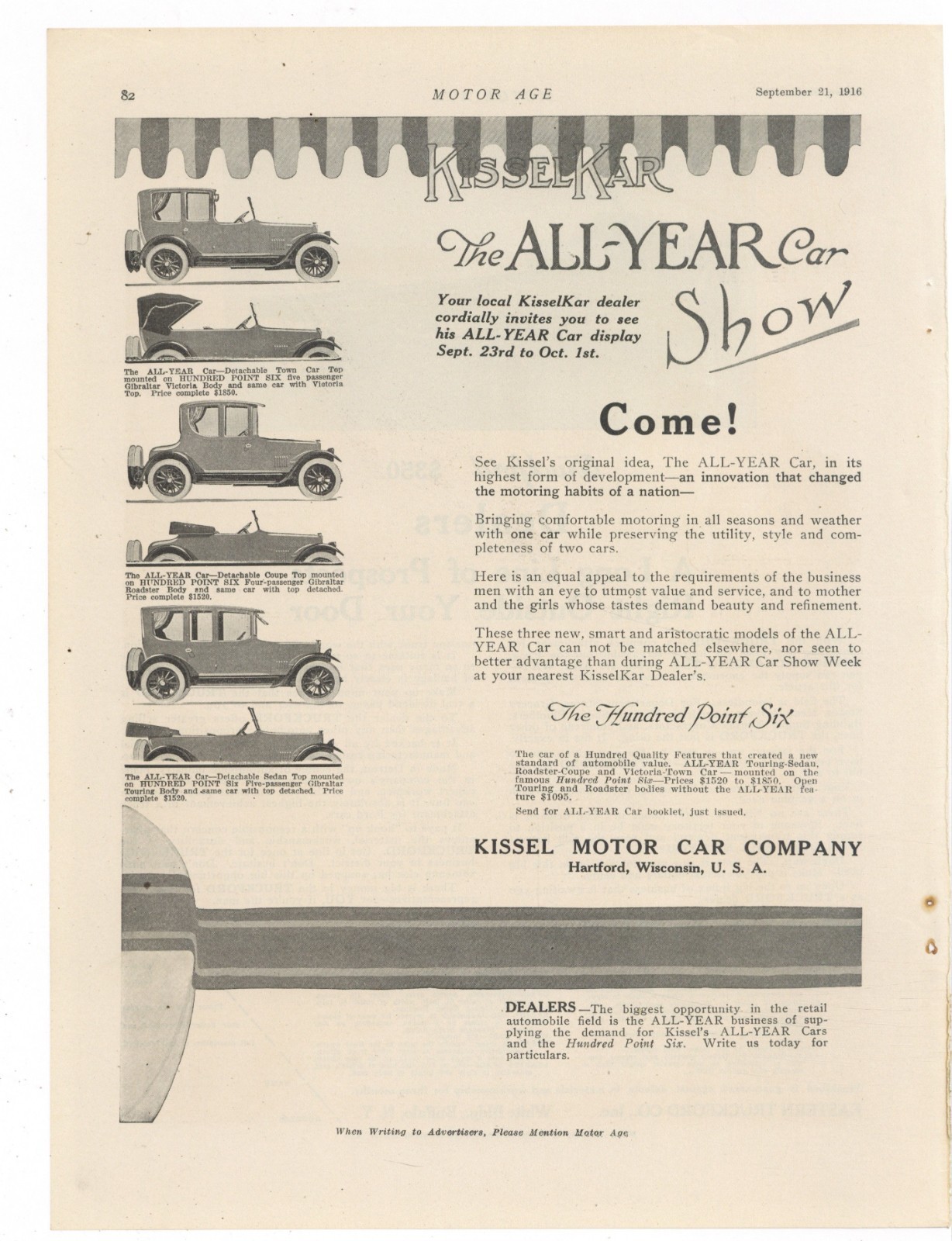 1916 Kissel Motor Car Co. of Hartford Wisconsin Ad: 100.6 Gibraltar Touring Body