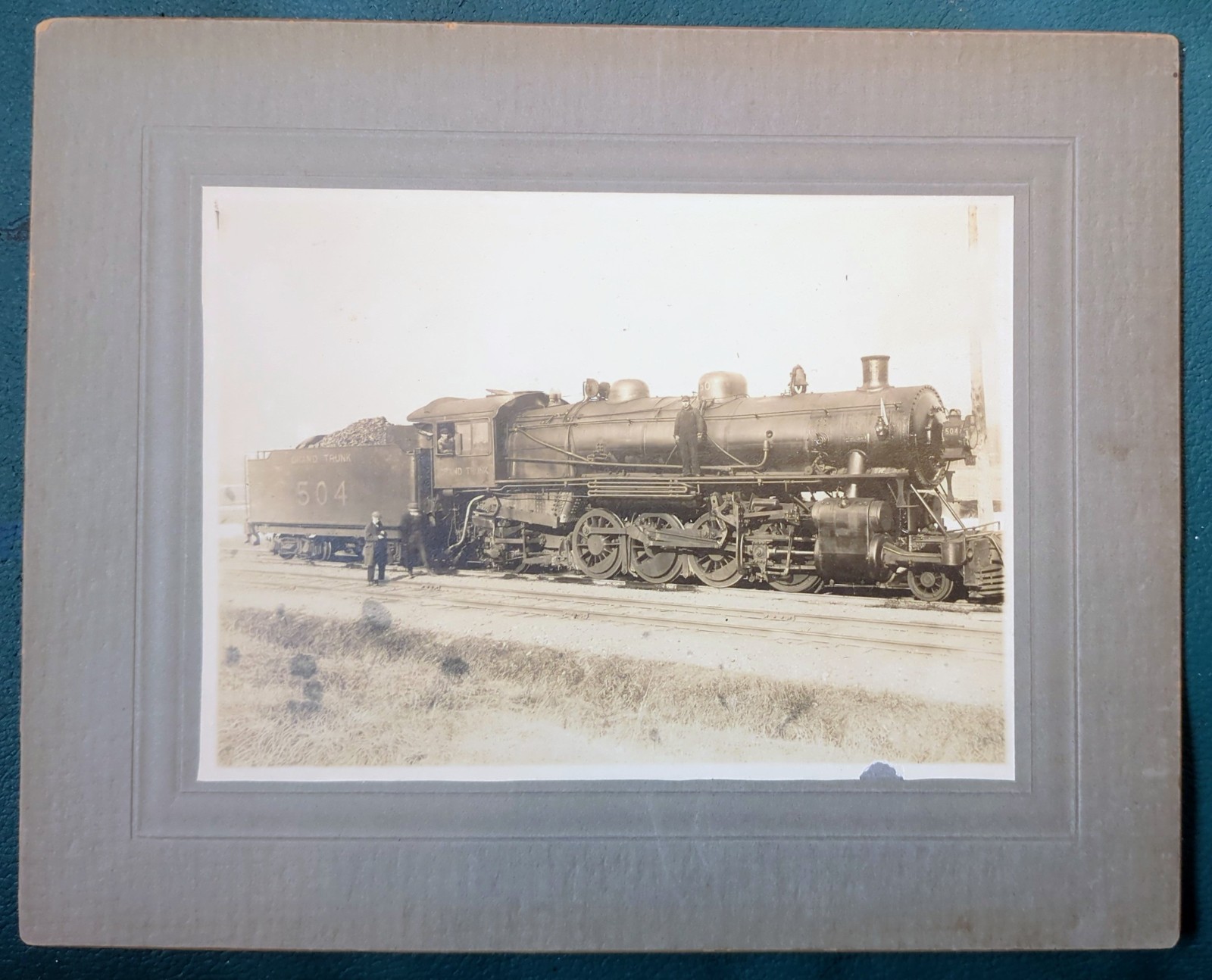 Orig Large Cabinet Photo Grand Trunk Railroad Train Engine & Coal Car c. 1910